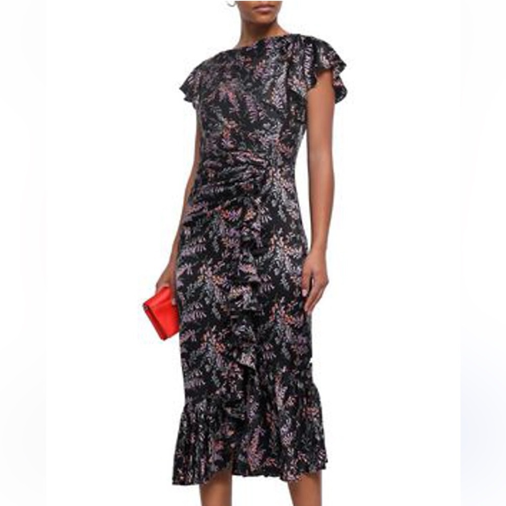 Cinq à Sept Black Floral Ruched Midi Dress Flutter Sleeve Ruffle Wedding Guest 4